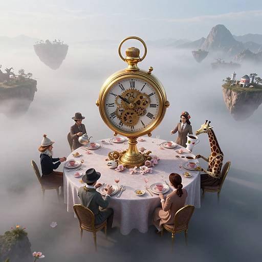 Fantastical scene: five formally dressed people dine at an ornate table with a giant, clock-like centerpiece above floating islands in misty, mountain