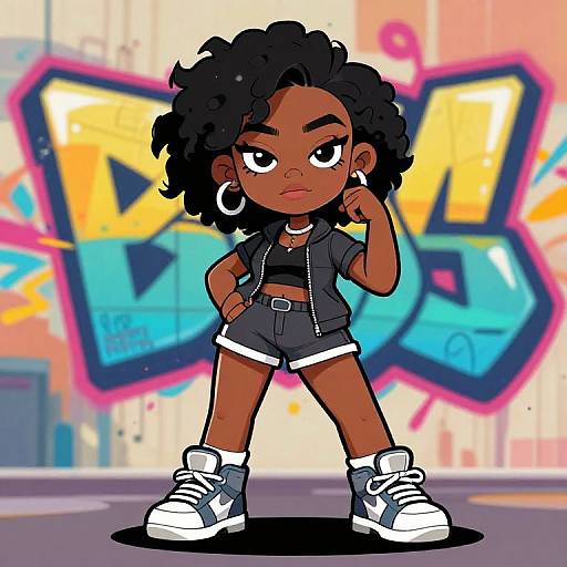 Digital drawing of a confident, dark-skinned girl with curly hair, wearing a black crop top, shorts, high-top sneakers, and hoop earrings,
