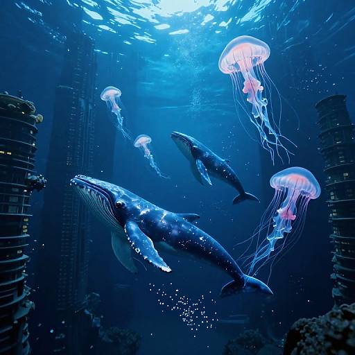Photograph of vibrant underwater scene with blue-lit humpback whale, dolphins, and jellyfish amidst dark, cylindrical shipwreck ruins.