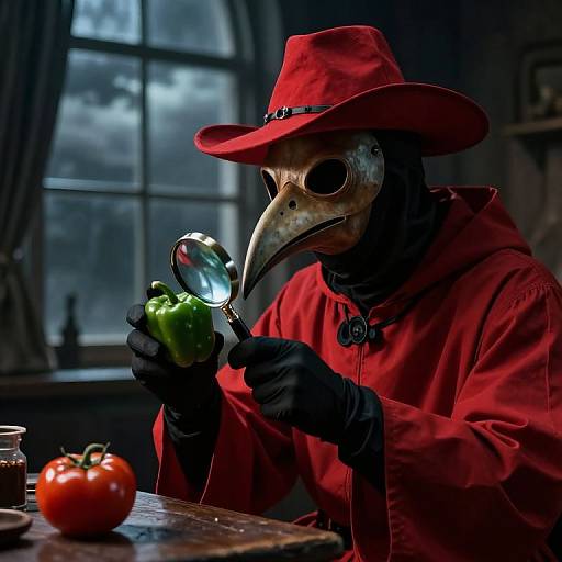 Eerie Plague Doctor Examining Produce
