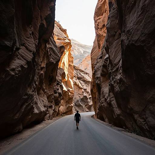 Photograph of a lone hiker in dark clothing walking through a narrow, sunlit canyon with towering, rugged, reddish-brown rock walls.