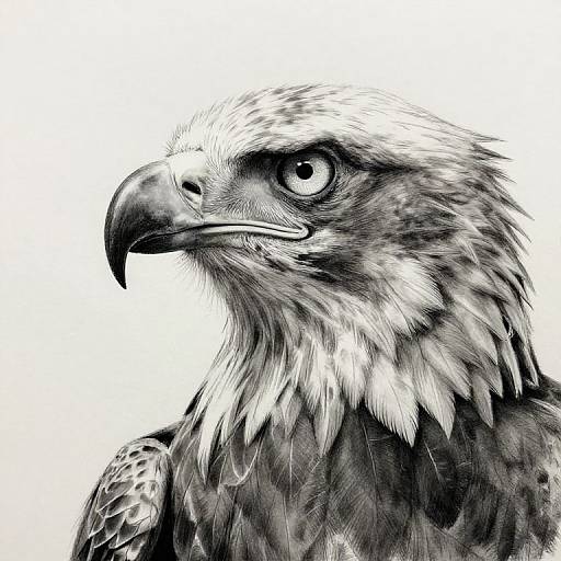 Black and white digital drawing of a detailed eagle's head, showcasing sharp beak, intense eye, and textured feathers against a plain white background.