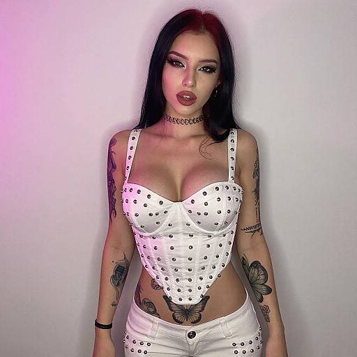 Sultry Tattooed Woman in Pink Light