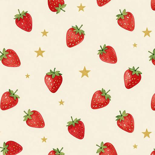 Seamless pattern of red strawberries with green leaves and yellow stars on a white background, digital illustration style.