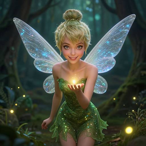 Digital artwork of a blonde, fair-skinned fairy with sparkling blue wings, wearing a green, leafy dress, holding a glowing orb in a mystical