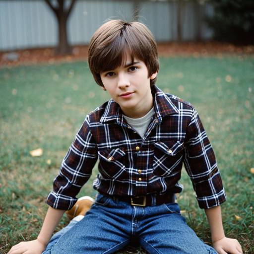Boy in 1960s Vintage Style Plaid Shirt and Denim Jeans