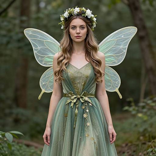 Photograph of a fair-skinned, long-haired fairy with green dress, gold accents, translucent wings, flower crown, standing in a forest.