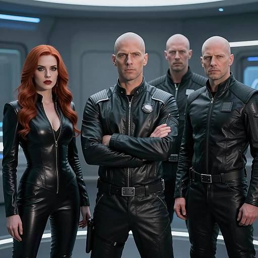 Futuristic Team in Black Leather Uniforms