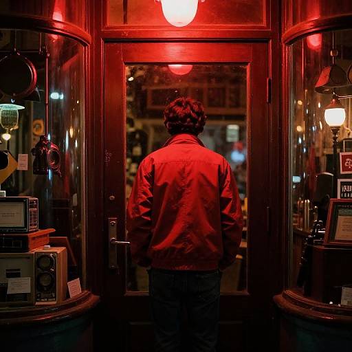 Person in Red Jacket Behind Glass Door