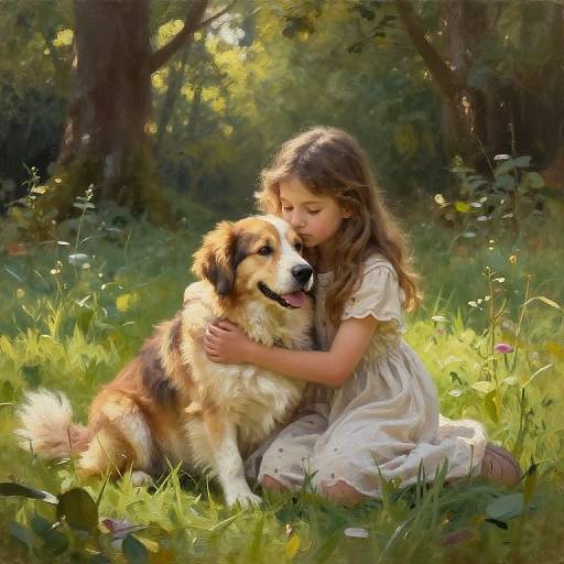 Digital painting of a young girl with long brown hair, in a white dress, hugging a large, happy, golden-brown dog in a sun