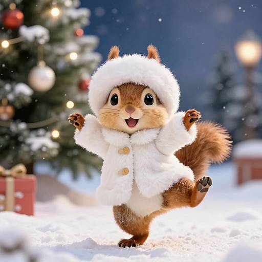 Cute CGI squirrel in a fluffy white winter outfit, arms raised, standing on one leg in snowy background with a Christmas tree.