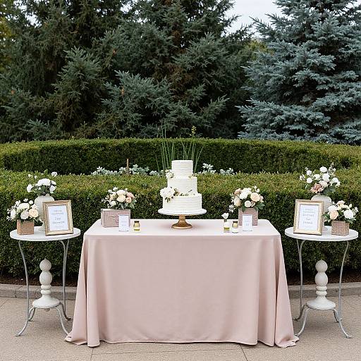 Photograph of elegant outdoor dessert table with white cake, pink cloth, floral arrangements, framed signs, and lush greenery backdrop.