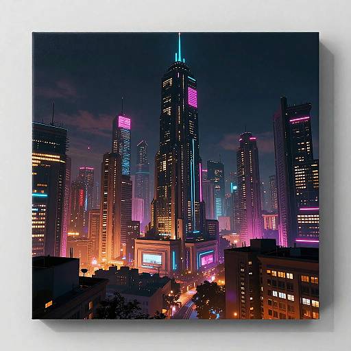 Neon-lit, futuristic cityscape at night with towering skyscrapers, vibrant pink, blue, and orange lights, and dark, starless