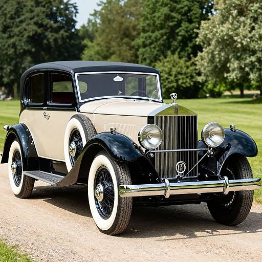 Photograph of a classic black and white vintage car with white-walled tires, parked on a gravel path in a lush green park.