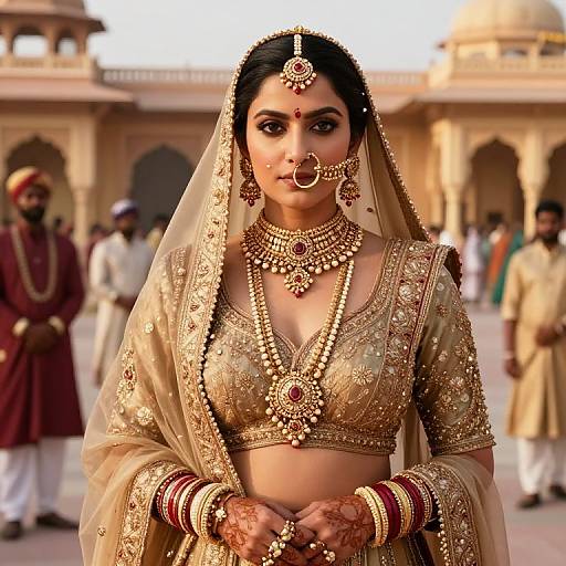 Photograph of an Indian bride in an ornate gold traditional outfit, adorned with heavy jewelry, standing in a sunlit courtyard, surrounded by men in
