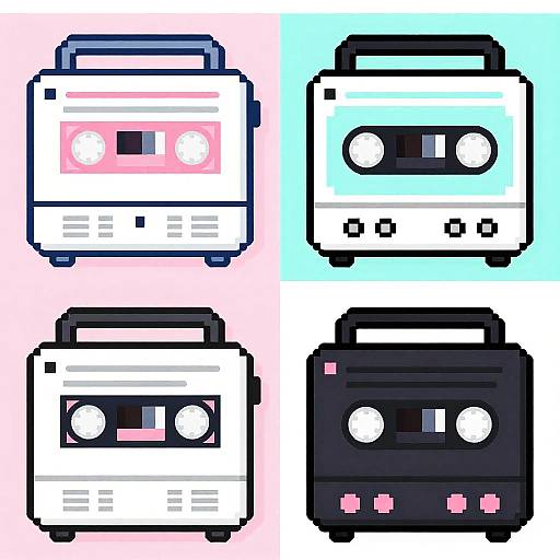 Pixel art of four retro electronic devices, each in different colors (pink, blue, white, black) with circular displays and buttons.