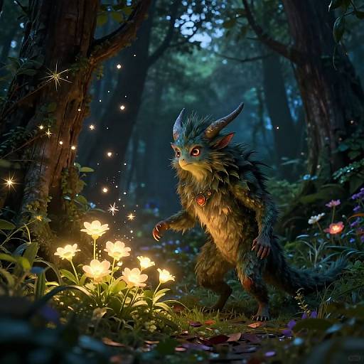 Digital fantasy artwork of a blue and brown furry, horned creature with glowing red eyes, standing in a magical forest, surrounded by glowing flowers and twink