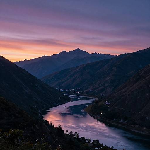 Photograph of a mountainous valley at dusk, with a reflective river winding through, silhouetted mountains, and a vibrant purple-orange sunset sky
