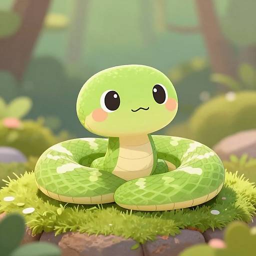 Cute, digital illustration of a green snake with large, shiny black eyes and pink cheeks, coiled on a mossy rock in a sunlit
