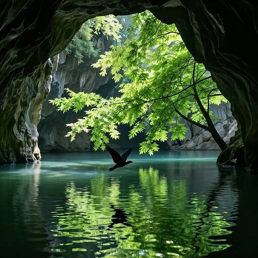 Photograph of a serene cave with a bright green leafy tree over a reflective, dark blue water pool, illuminated by sunlight, and a small black