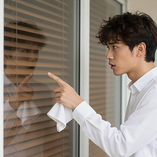 Surprised Young Man Pointing Through Glass Door