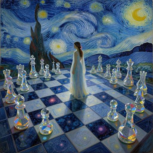 Digital painting of a woman in a white dress standing on a glowing chessboard under a swirling, starry night sky with Vincent van Gogh's 