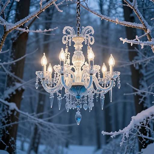 Photograph of an ornate, crystal chandelier with glowing bulbs, hanging in a snow-covered forest, illuminated branches in the background.
