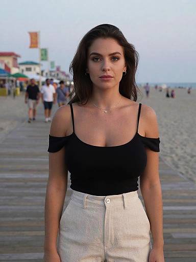 Photograph of a young woman with long dark hair, wearing a black off-shoulder top and white high-waisted pants, standing on a