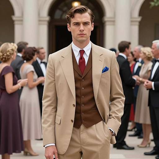 Man in Great Gatsby Style Tan Suit at Formal Event