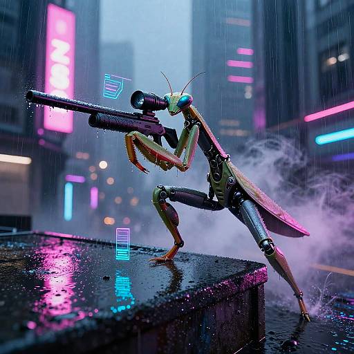 Digital art of a cybernetic mantis holding a gun, standing on a wet urban street in a neon-lit, rainy cityscape.