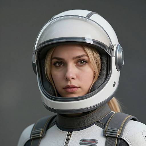 Photograph of a young woman with light blonde hair, wearing a white astronaut helmet and suit, against a dark gray background.