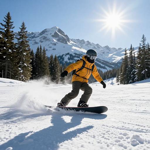Photograph of a snowboarder in a bright yellow jacket and black helmet, carving through snow on a sunny mountain slope with evergreen trees and sun