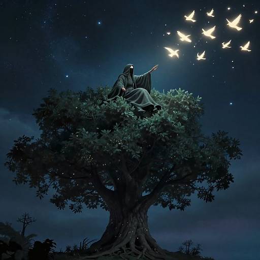 Ethereal Cloaked Figure on Mystic Tree