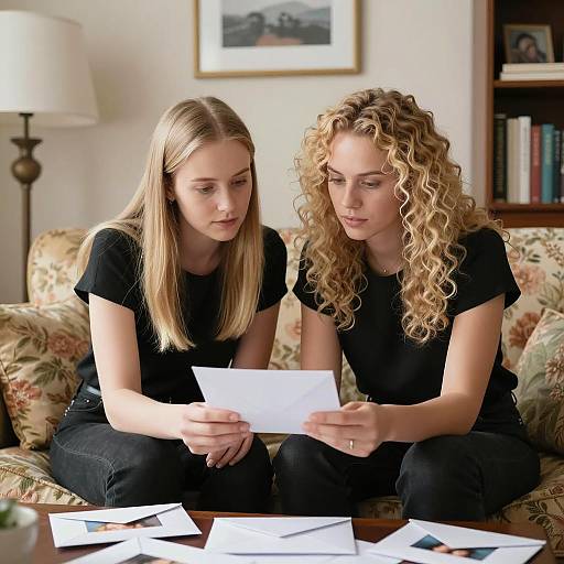 Women Discussing Over Envelopes on Couch