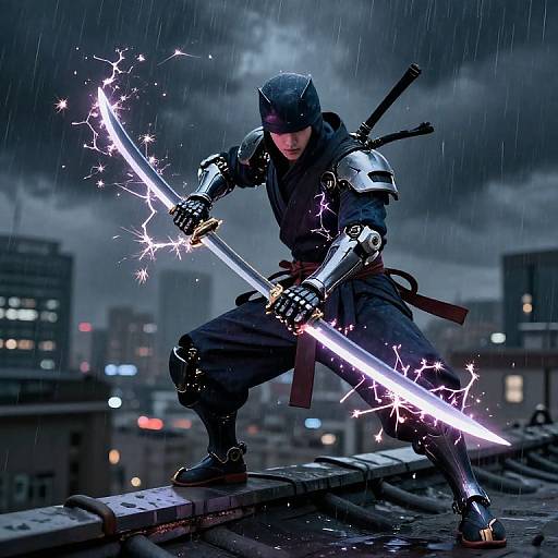 Digital artwork of a samurai in dark armor wielding a glowing, lightning-enchanted sword, standing on a rooftop in a rainy, urban night setting