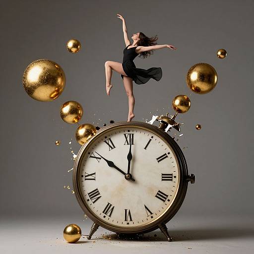 Photograph of a dancer in a black dress, balancing on a large gold clock with floating golden balls against a grey background.