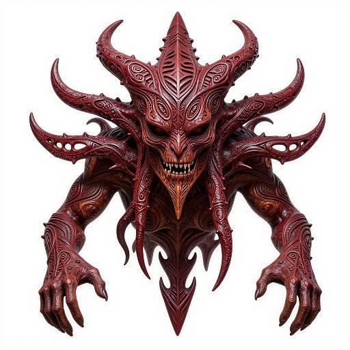 Digital illustration of a menacing, red, horned demon with intricate, twisted features, sharp claws, and a wide, toothy grin against a white