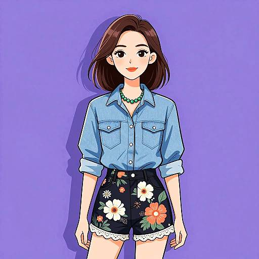 Stylish Woman in Denim Shirt and Floral Shorts