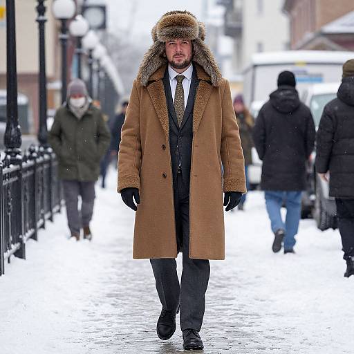 Photograph of a bearded man in a brown fur-trimmed coat, black suit, and tie, walking on a snowy urban street with blurred