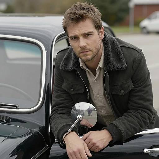 Stylish Man with Vintage Car Background