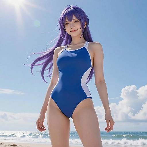 Anime-style photograph of a slender woman with long purple hair, wearing a blue and white one-piece swimsuit, standing on a sunny beach with clear blue