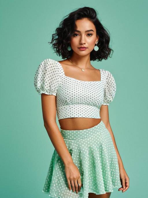 Stylish Woman in Polka Dot Crop Top and Mint Skirt