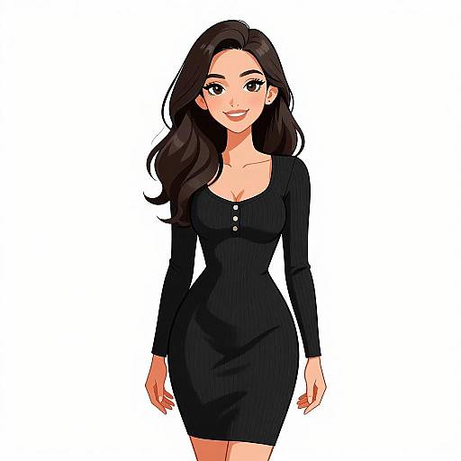 Digital anime-style drawing of a smiling woman with long black hair, wearing a form-fitting black dress with button details, standing against a white background.