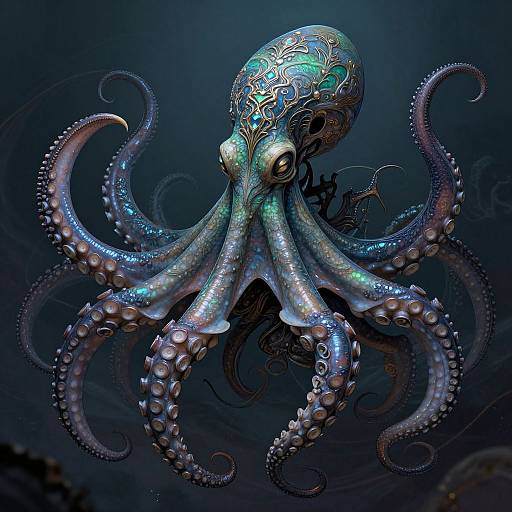 Digital artwork of a vibrant, iridescent blue octopus with intricate, glowing patterns on its head and tentacles, set against a dark, ocean