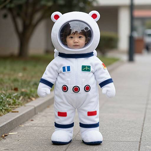 Photograph of a baby in a white astronaut costume with red, blue, and green patches, standing on a sidewalk.