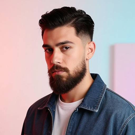 Photograph of a bearded man with dark hair, wearing a denim jacket over a white shirt, against a gradient blue and pink background.