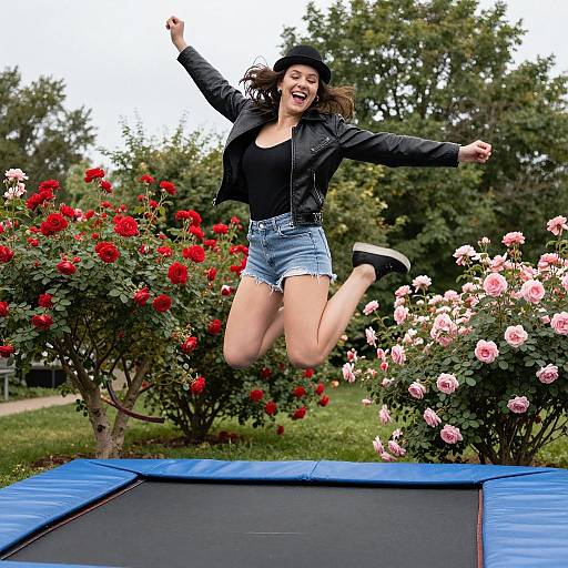Photograph of a joyful woman with curly brown hair, black jacket, black top, denim shorts, and black sneakers, jumping mid-air on a blue