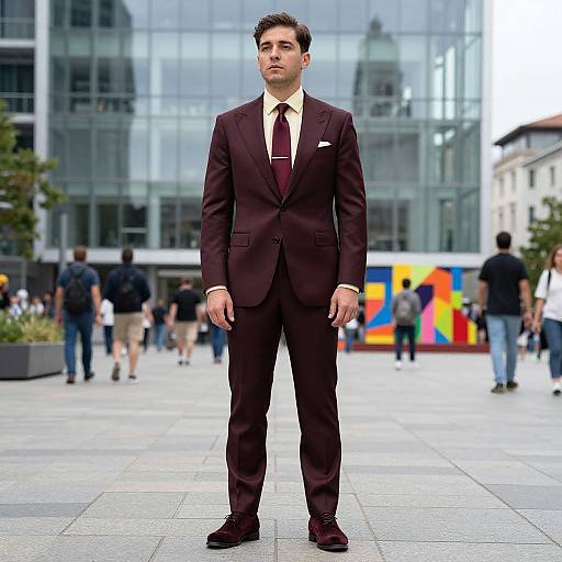 Photograph of a serious, attractive young man with short brown hair in a dark burgundy suit, white shirt, and maroon tie, standing in