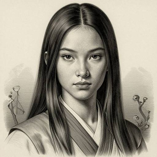 Black-and-white digital drawing of an East Asian woman with long, straight hair, wearing a kimono, featuring detailed line work and floral patterns in the
