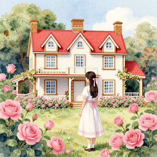 Digital illustration of a young girl in a white dress standing before a charming red-roofed, white house surrounded by blooming pink roses and greenery